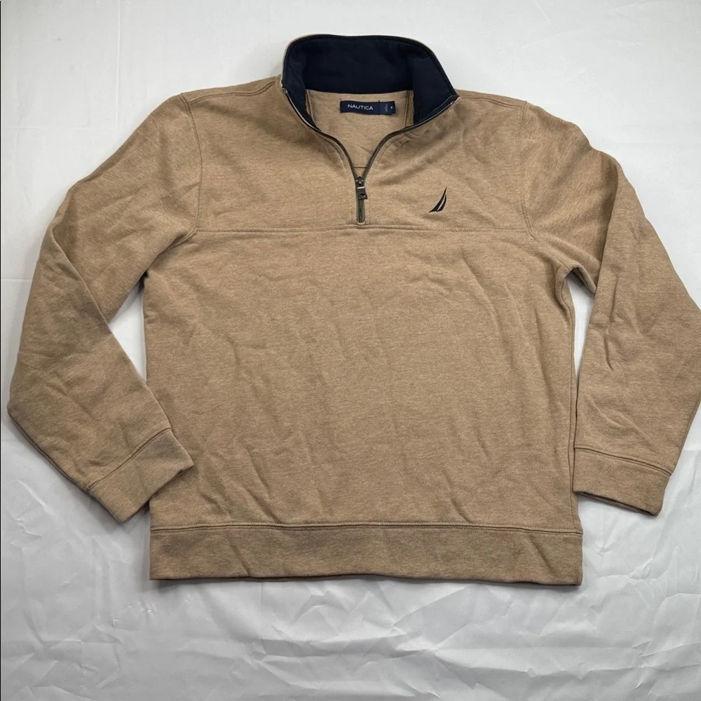 Nautica Men's COASTAL CAMEL HEATHER Quarter-Zip Knit Fleece Sweater, size medium